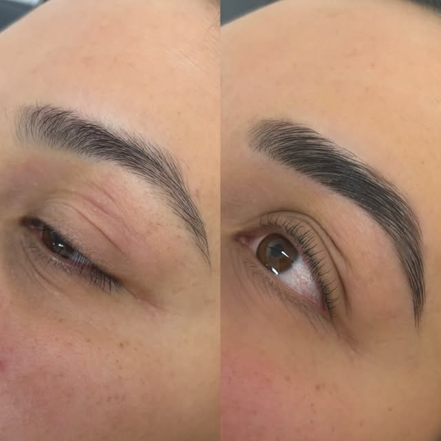 Before and after a brow lamination at Pure Joy Beauty